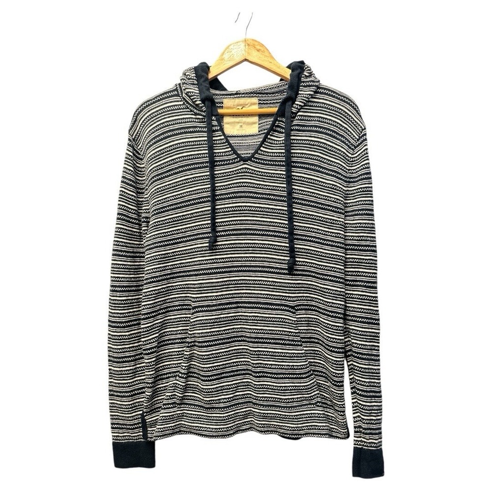 Hollister Mens Striped Knit Hoodie Navy Blue White Cotton Sweater Medium